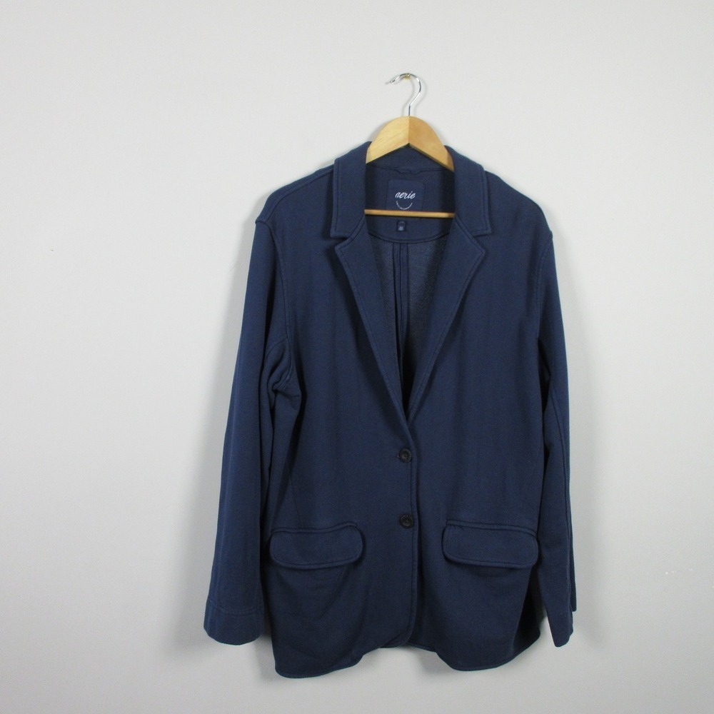 Aerie Knit Blazer Women L Blue Cotton Blend Pockets Casual Everyday Jacket 672